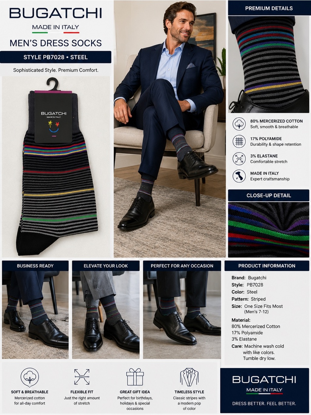 Bugatchi Men’s Dress Socks Steel Multicolor Stripe Mercerized Cotton Made Italy
